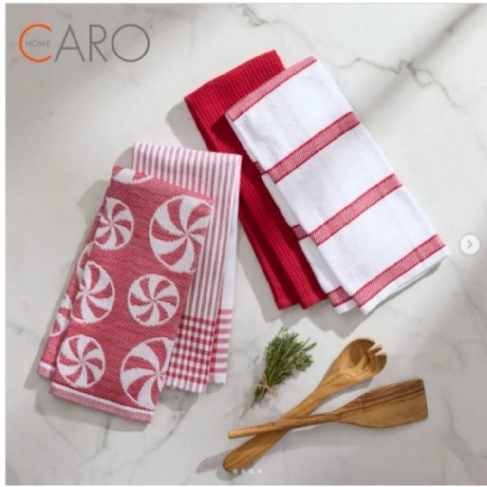Caro Home Holiday Kitchen Towel Set, 8-pack - Christmas Peppermint Red White NEW